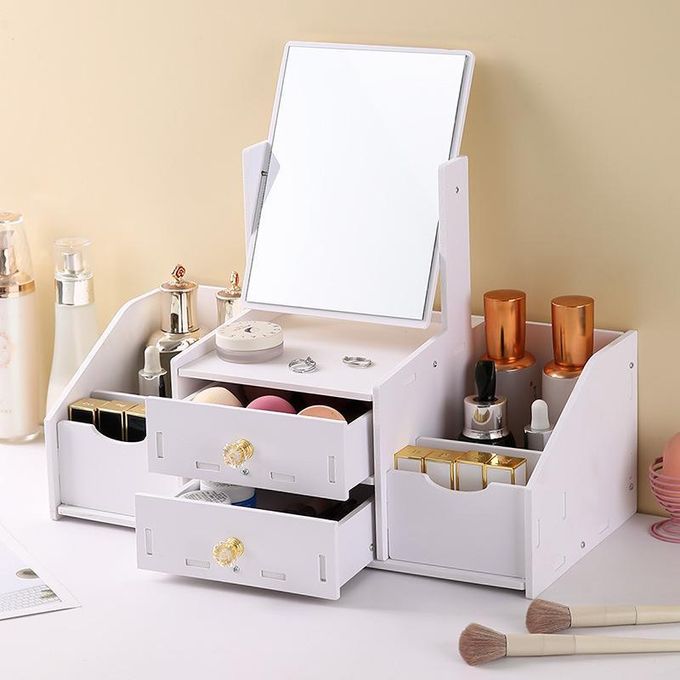 Kosmetik Organizer mit Spiegel & Schubladen – Make Up Aufbewahrung, Schminktisch Box Weiß