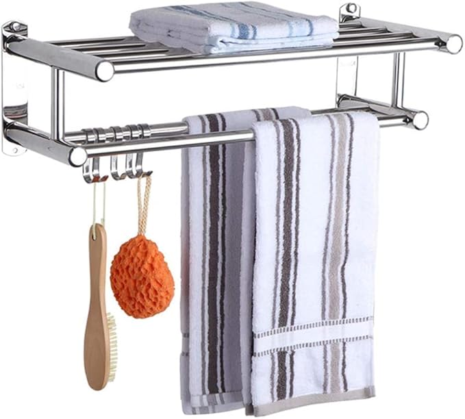 Handtuchhalter aus Edelstahl – Doppelter Handtuchhalter zur Wandmontage mit Haken, platzsparender Dusch- und Badezimmer-Organizer