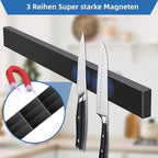 Magnetische Messerleiste mit 3 Haken – Schwarzer Messerhalter für die Wand, extra starke Magnetkraft, ohne Bohren montierbar, 42 cm