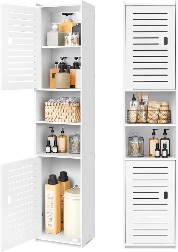 Schmaler Badezimmerschrank – Hoher Badschrank mit 5 Fächern, platzsparender Hochschrank für kleine Badezimmer