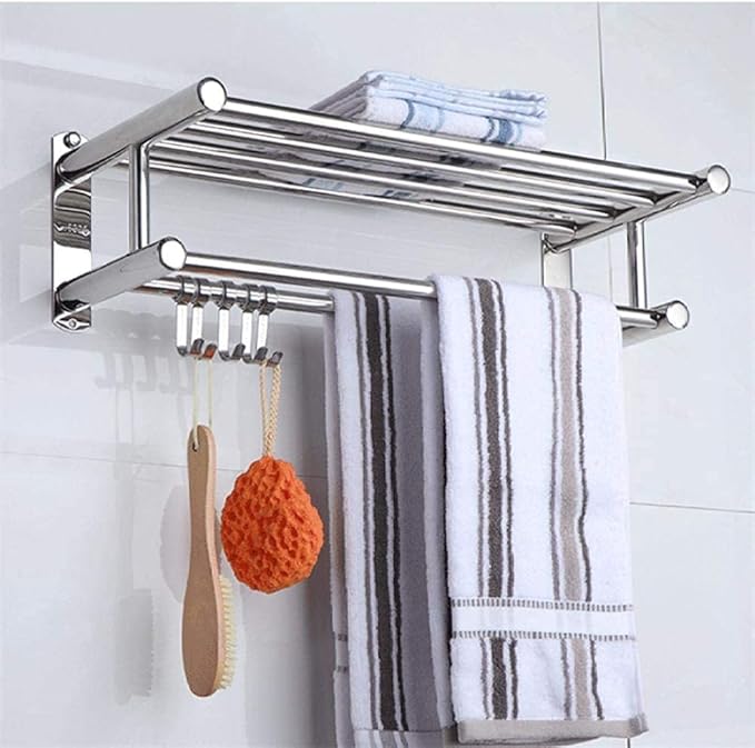 Handtuchhalter aus Edelstahl – Doppelter Handtuchhalter zur Wandmontage mit Haken, platzsparender Dusch- und Badezimmer-Organizer