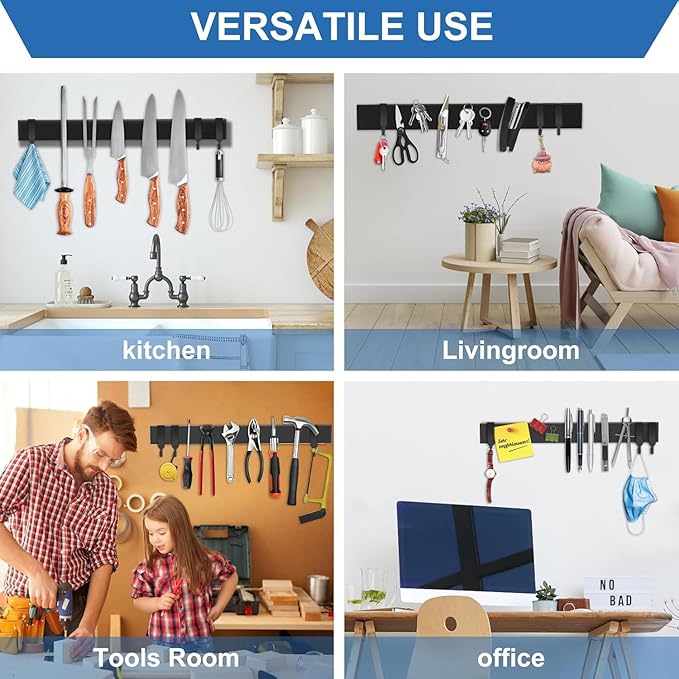 Magnetische Messerleiste mit 3 Haken – Schwarzer Messerhalter für die Wand, extra starke Magnetkraft, ohne Bohren montierbar, 42 cm