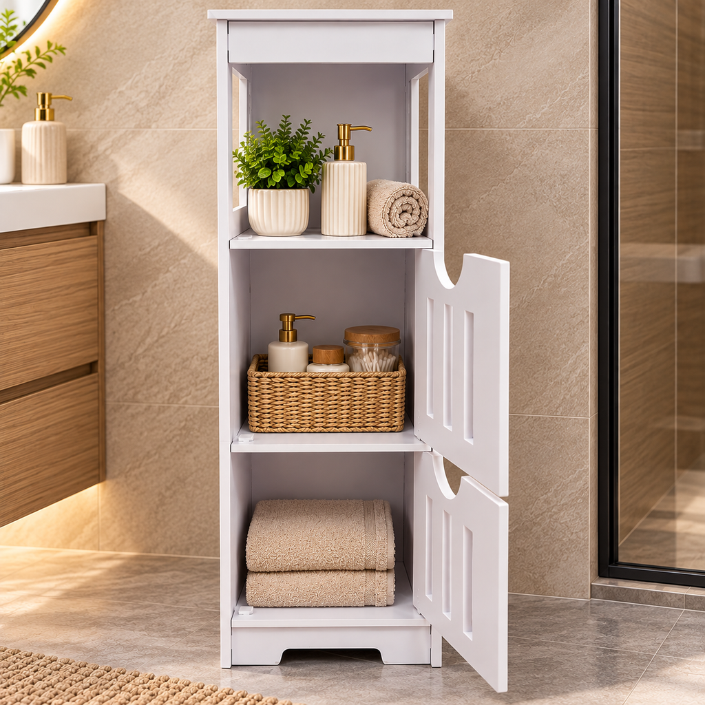Schmaler Badezimmerschrank mit 2 Türen und offenem Fach, platzsparender Badschrank, Aufbewahrungsschrank für Badezimmer und Gäste-WC, Weiß