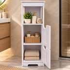 Schmaler Badezimmerschrank mit 2 Türen und offenem Fach, platzsparender Badschrank, Aufbewahrungsschrank für Badezimmer und Gäste-WC, Weiß