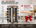 360° Drehbares Gewürzregal Set mit 20 Gläsern – Edelstahl & Glas – Küchen Organizer inkl. GRATIS Holzregal – Gewürzständer Platzsparend