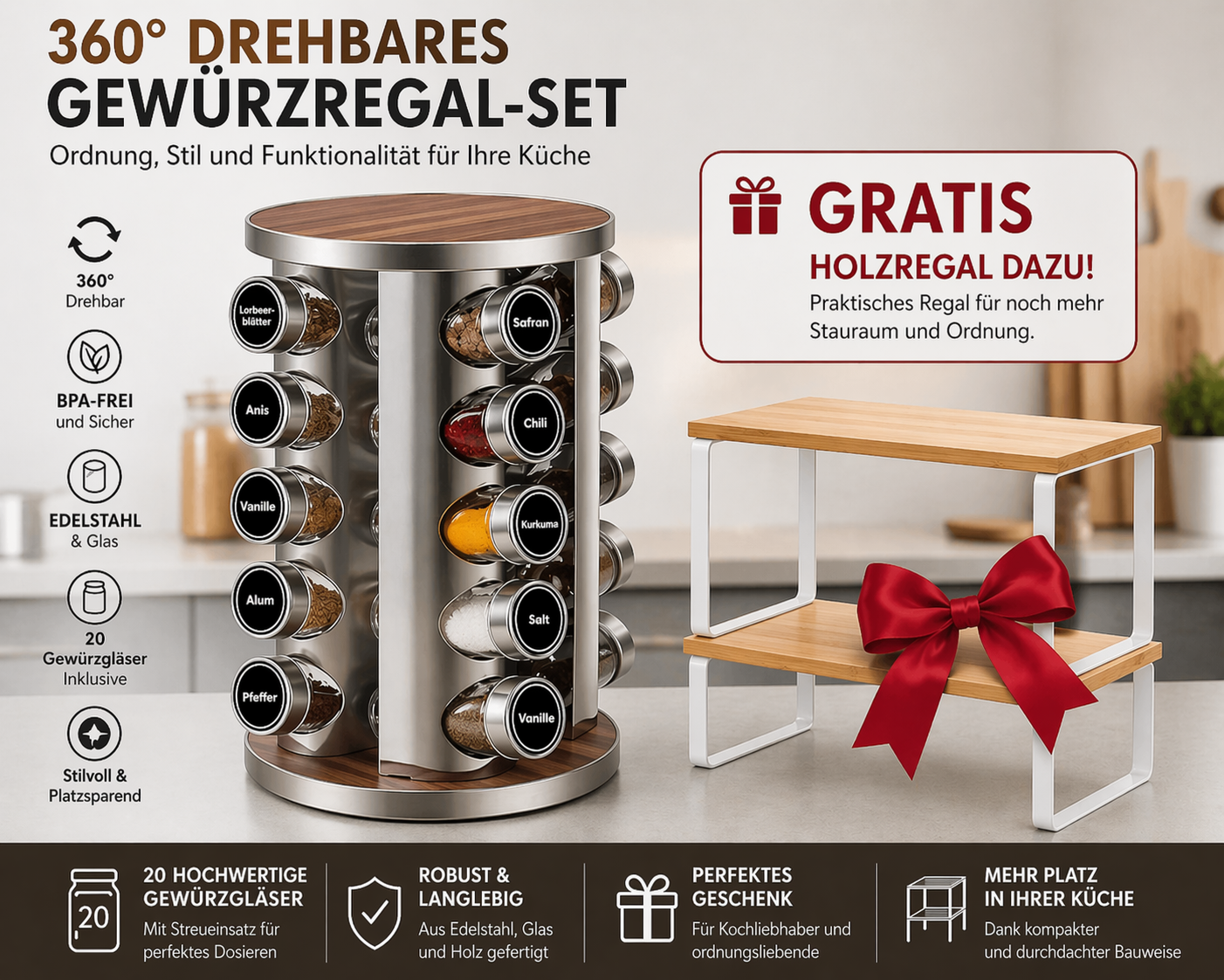 360° Drehbares Gewürzregal Set mit 20 Gläsern – Edelstahl & Glas – Küchen Organizer inkl. GRATIS Holzregal – Gewürzständer Platzsparend