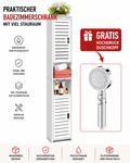 Badezimmerschrank schmal mit viel Stauraum – Hochschrank Bad freistehend – Badregal Organizer weiß inkl. GRATIS Hochdruck Duschkopf
