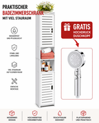 Badezimmerschrank schmal mit viel Stauraum – Hochschrank Bad freistehend – Badregal Organizer weiß inkl. GRATIS Hochdruck Duschkopf