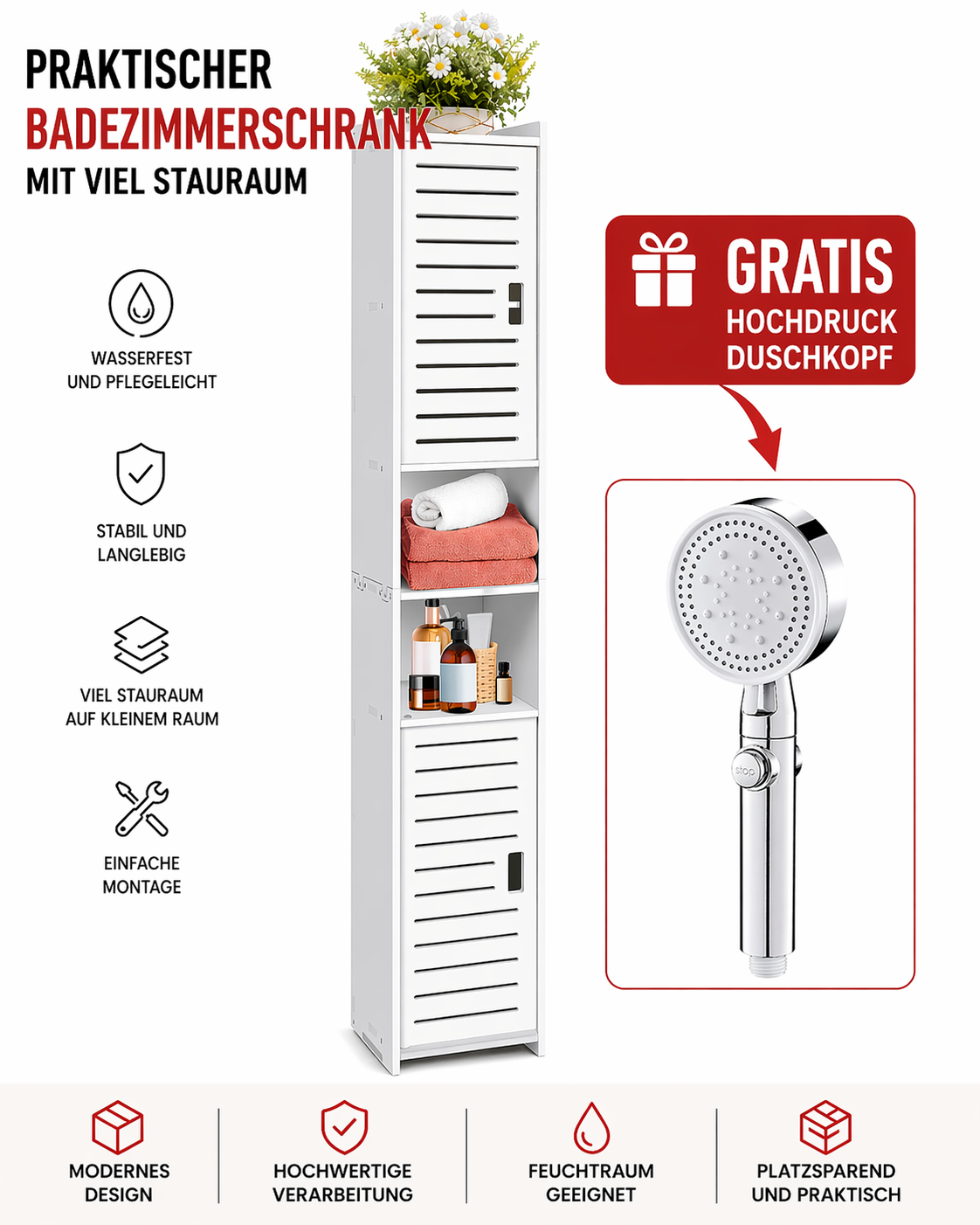 Badezimmerschrank schmal mit viel Stauraum – Hochschrank Bad freistehend – Badregal Organizer weiß inkl. GRATIS Hochdruck Duschkopf