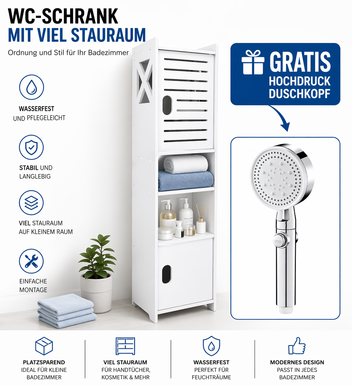 WC-Schrank schmal mit viel Stauraum – Badezimmerschrank freistehend – Badregal weiß inkl. GRATIS Hochdruck Duschkopf