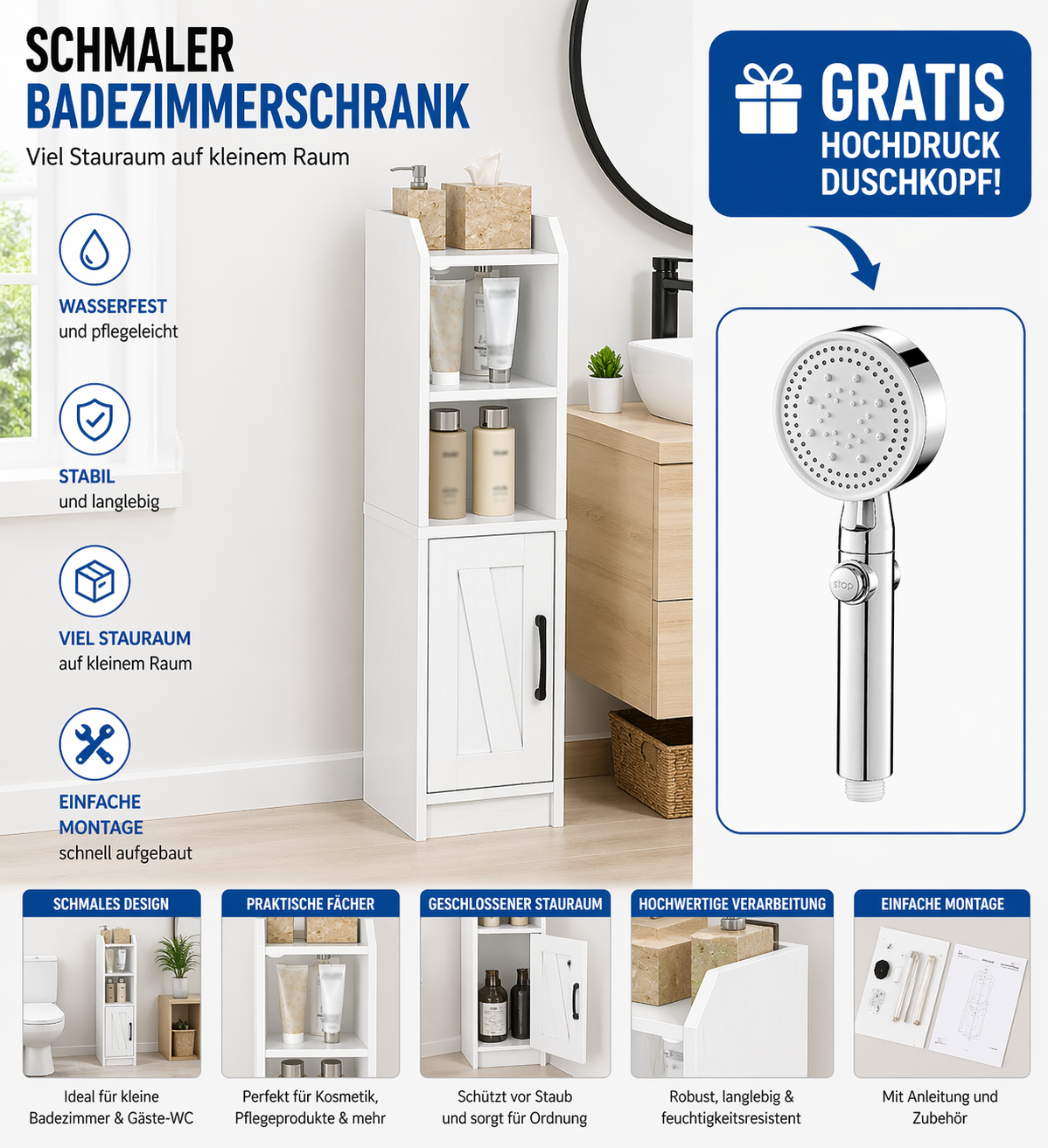 Schmaler Badezimmerschrank Weiß mit Tür & offenen Fächern – Badregal platzsparend für kleine Räume + GRATIS Hochdruck Duschkopf