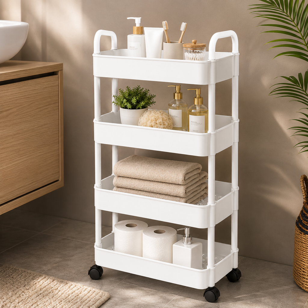 Rollwagen 4 Ebenen Weiß Schmal Küchenwagen Rollen Bremsen Badezimmer Organizer NEU