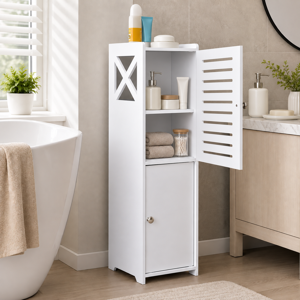 Badezimmerschrank schmal, Badschrank freistehend mit 2 Türen und offenen Ablagen, platzsparender Badmöbelschrank Weiß für Badezimmer und Gäste-WC