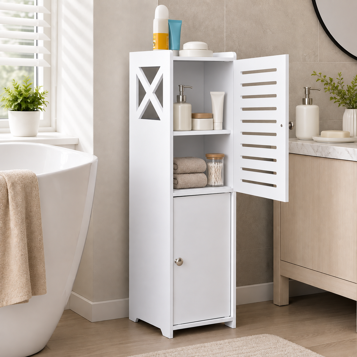 Badezimmerschrank Badschrank Schmal PVC Badregal Freistehend Weiß Schrank