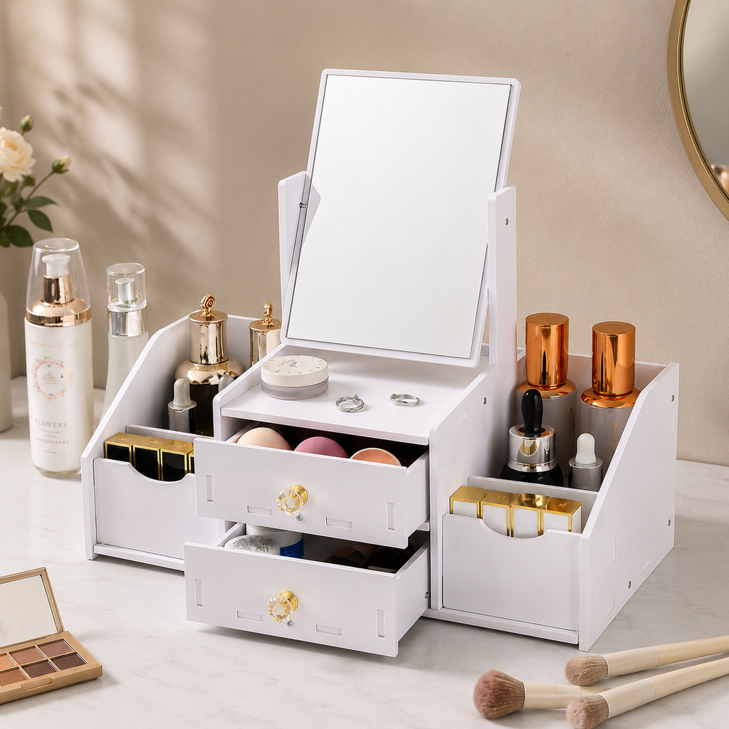 Kosmetik Organizer mit Spiegel Make up Organizer Aufbewahrungsbox Weiß