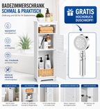 Badezimmerschrank schmal weiß – WC Schrank mit viel Stauraum – Badregal freistehend inkl. GRATIS Hochdruck Duschkopf