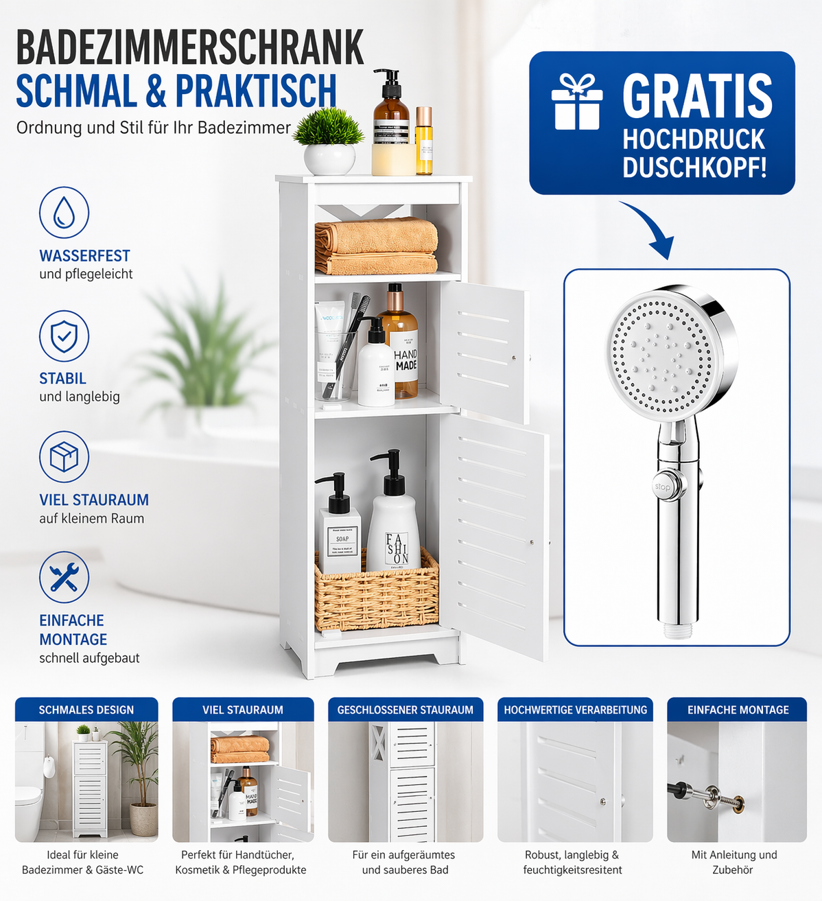 Badezimmerschrank schmal weiß – WC Schrank mit viel Stauraum – Badregal freistehend inkl. GRATIS Hochdruck Duschkopf