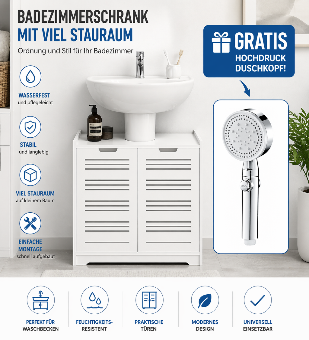 Badezimmerschrank Unterschrank Waschbecken 60x30x60 cm Weiß – Badschrank mit Türen & viel Stauraum + GRATIS Hochdruck Duschkopf