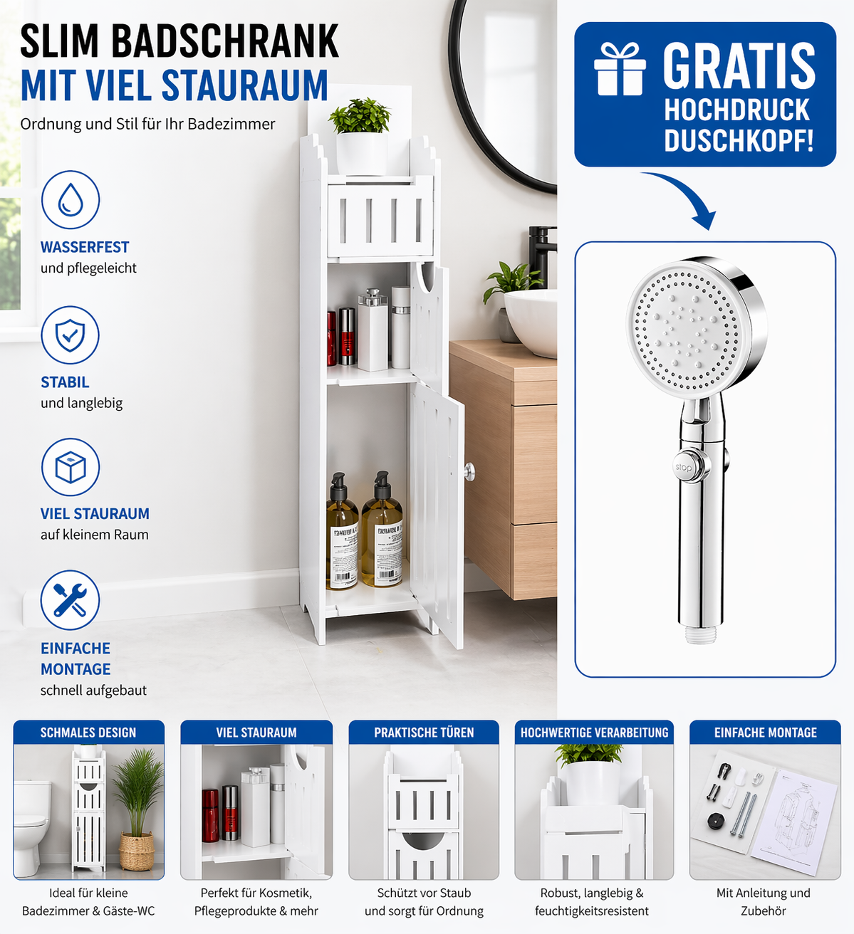 Schmaler Badezimmerschrank Weiß – Badregal mit Türen & viel Stauraum für kleine Räume + GRATIS Hochdruck Duschkopf