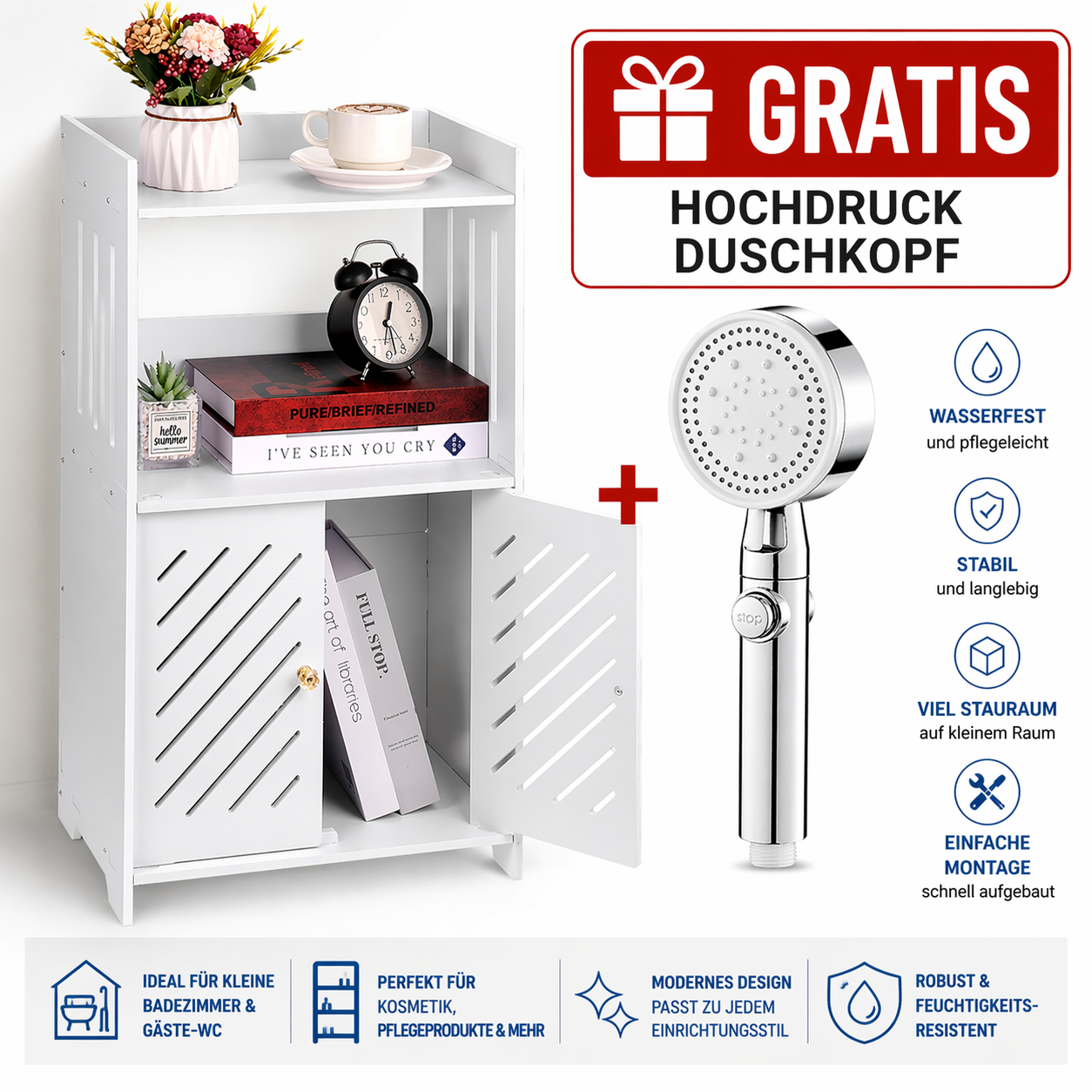 Badezimmerschrank Weiß mit Türen – Badschrank Kompakt & Platzsparend + GRATIS Hochdruck Duschkopf – Badezimmer Regal & WC Schrank