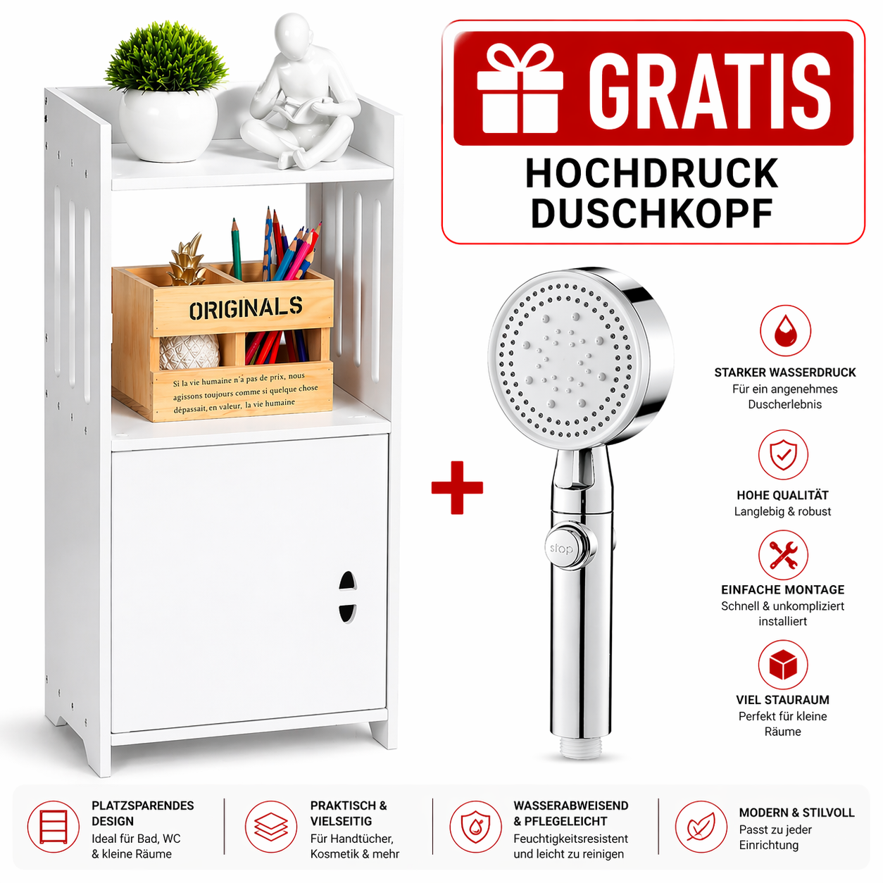 Badezimmerschrank Weiß Schmal mit Türen + GRATIS Hochdruck Duschkopf | Badschrank Schmal Badregal WC Schrank Platzsparend