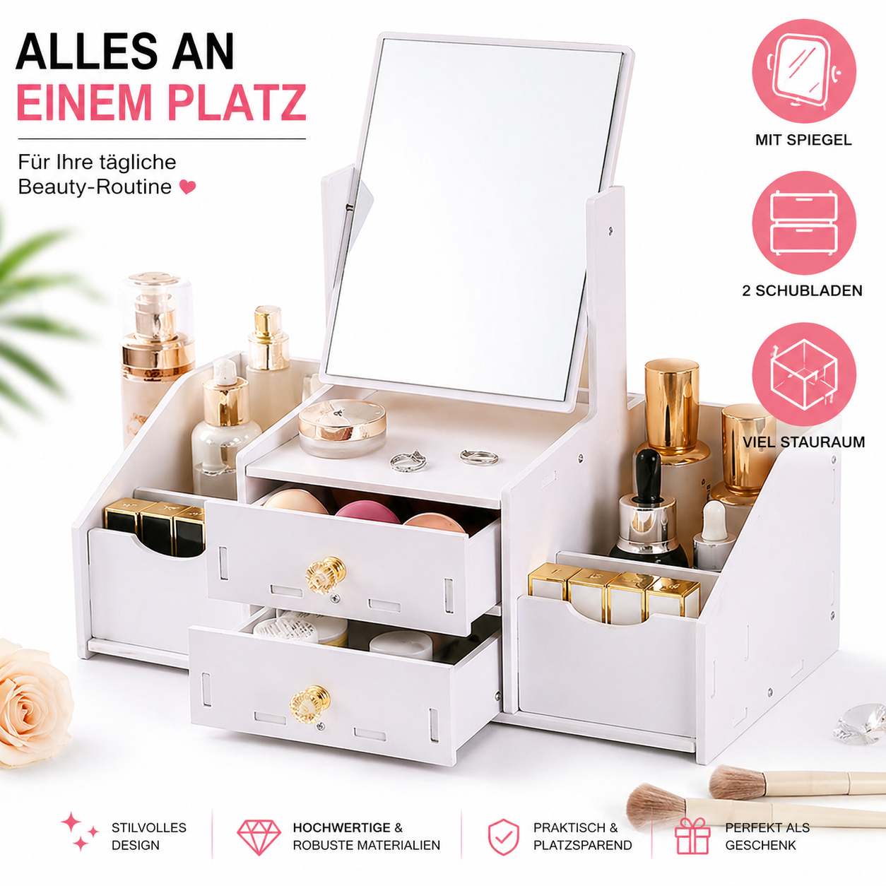 Kosmetik Organizer mit Spiegel & Schubladen – Make Up Aufbewahrung, Schminktisch Box Weiß