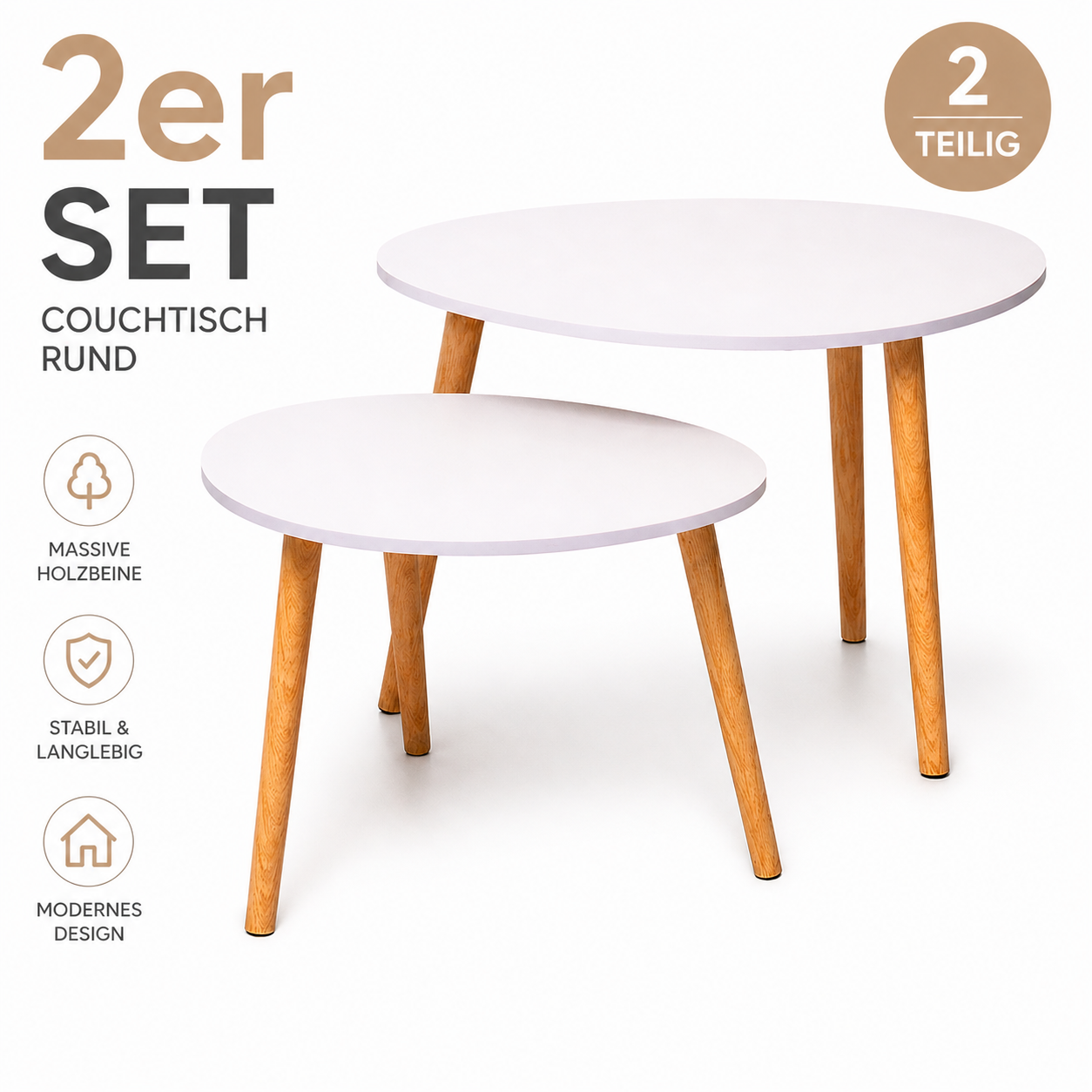 Couchtisch Set 2er Rund Weiß Holz Wohnzimmertisch Beistelltisch Satztisch Skandinavisch Modern MDF