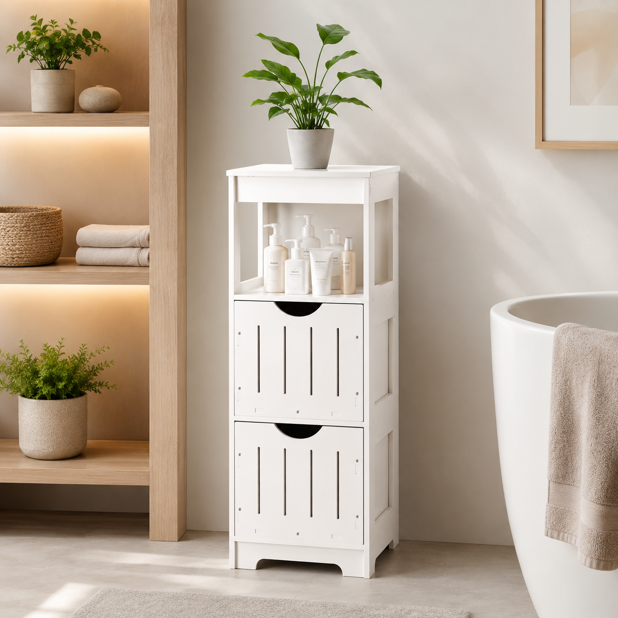 Badezimmerschrank, Badezimmerregal, Badezimmermöbel, Badmöbel, Schrank Badezimmer, Weiß Freistehend 2 Schubladen 3 Ebenen Badezimmerschrank