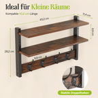 Wandregal mit Haken – Garderobenleiste mit Ablage, Wandregal Holz Metall, Schlüsselbrett für Flur, Küche & Schlafzimmer