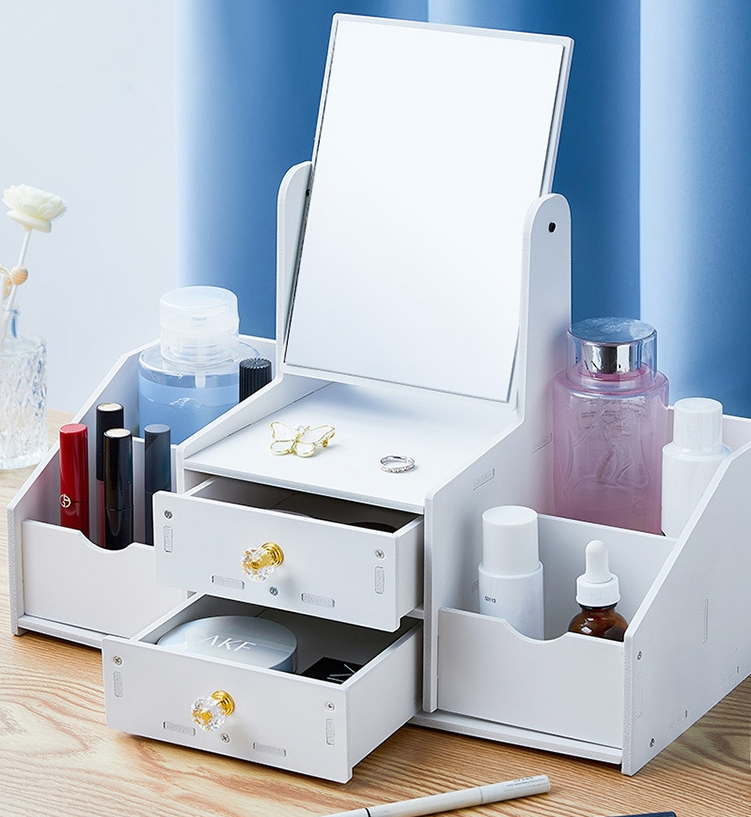 Kosmetik Organizer mit Spiegel & Schubladen – Make Up Aufbewahrung, Schminktisch Box Weiß