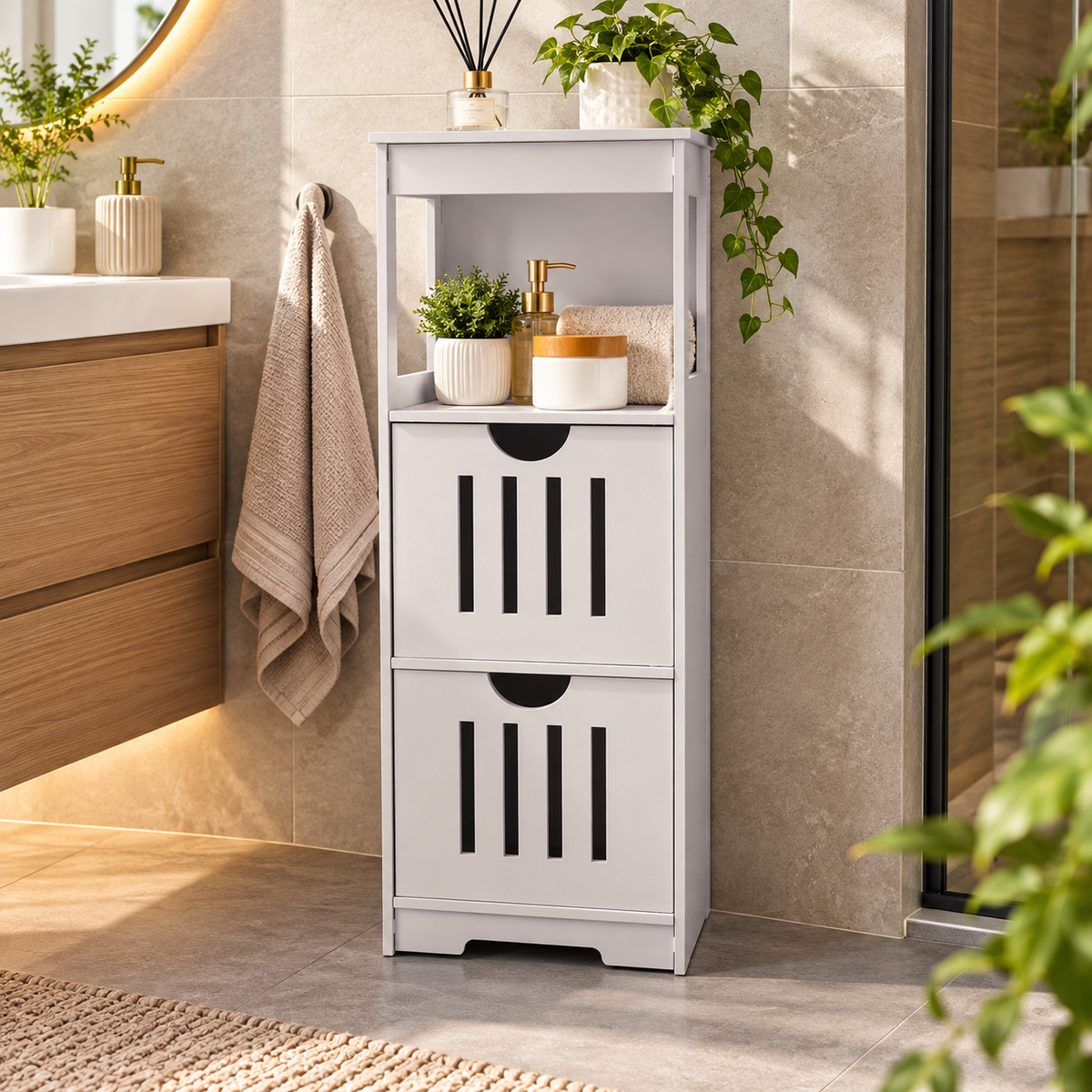 Schmaler Badezimmerschrank mit 2 Türen und offenem Fach, platzsparender Badschrank, Aufbewahrungsschrank für Badezimmer und Gäste-WC, Weiß