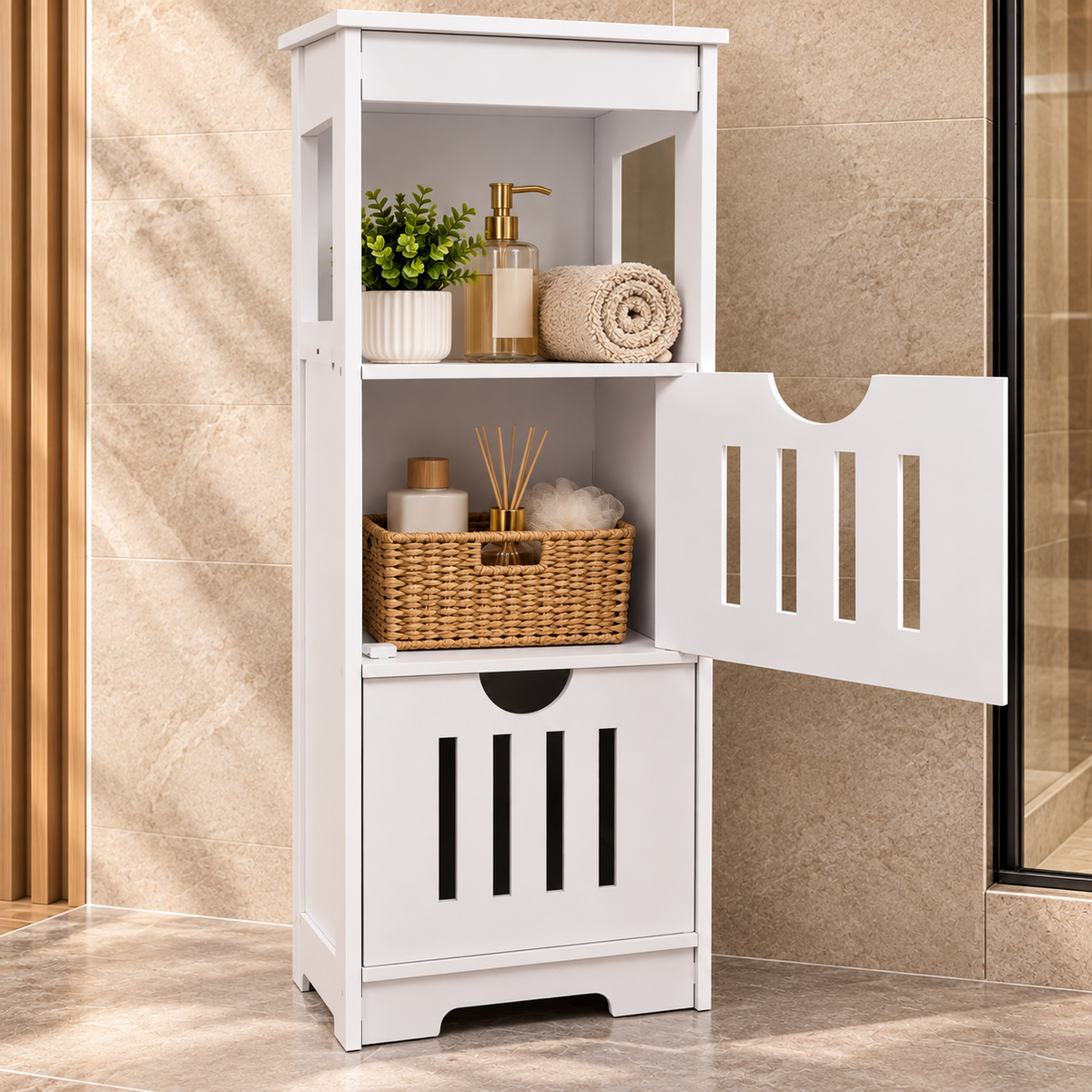 Schmaler Badezimmerschrank mit 2 Türen und offenem Fach, platzsparender Badschrank, Aufbewahrungsschrank für Badezimmer und Gäste-WC, Weiß