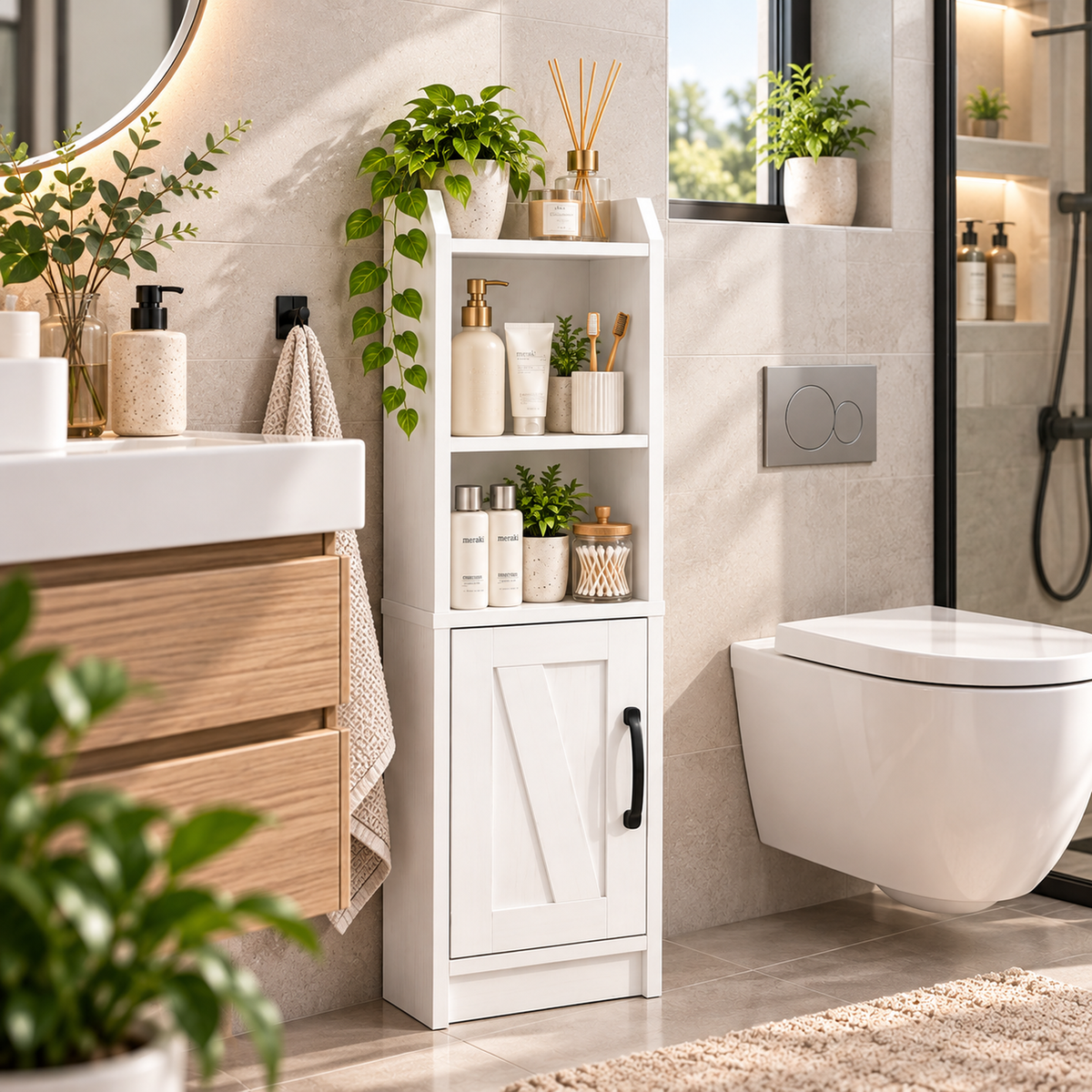 Badezimmerschrank schmal, Badschrank mit offenen Ablagen und Tür, Badezimmer Schrank, platzsparender Badmöbel Schrank Weiß für Bad und Gäste-WC