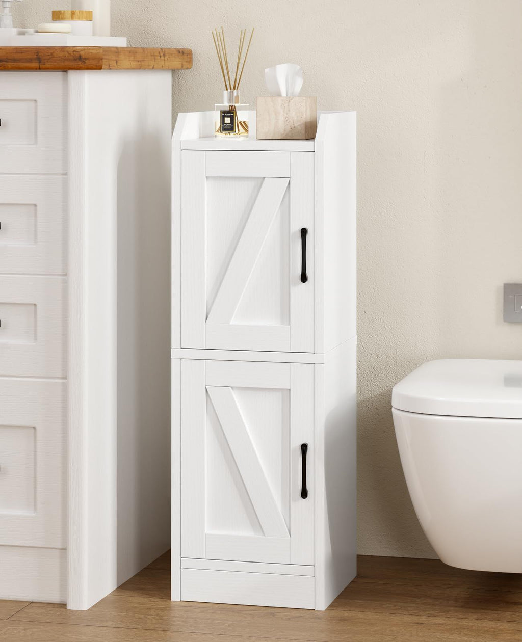 Badezimmerschrank Weiß Badschrank Schmal Freistehend mit 2 Türen und Regalen platzsparend
