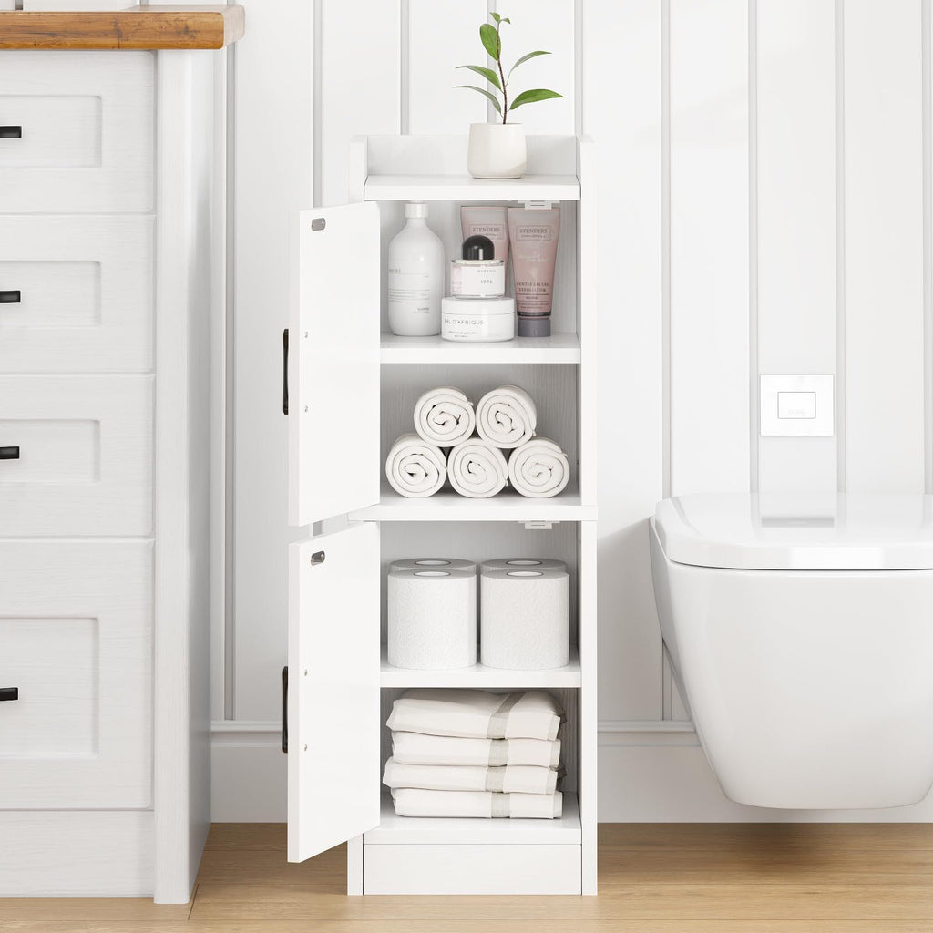 Badezimmerschrank Weiß Badschrank Schmal Freistehend mit 2 Türen und Regalen platzsparend