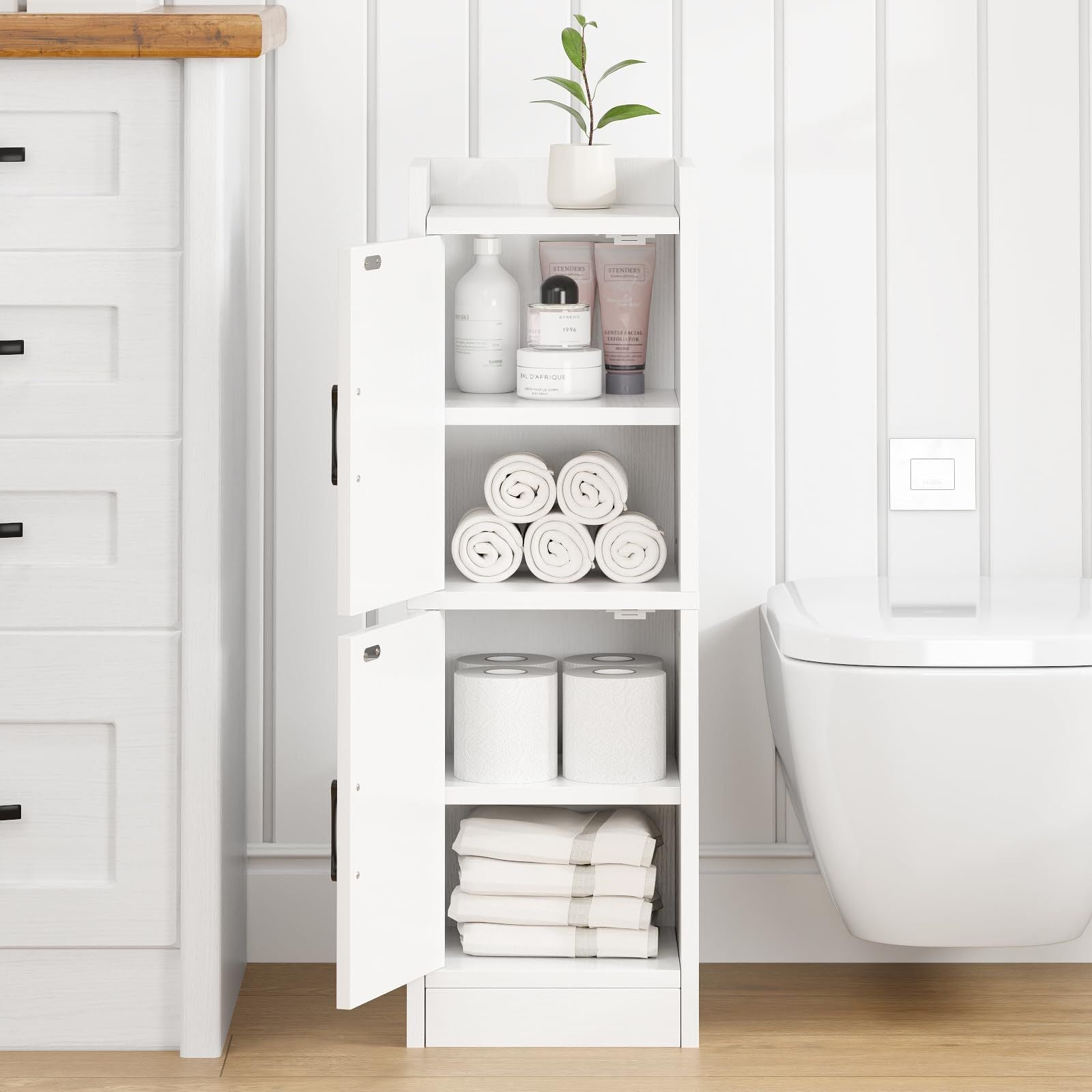 Badezimmerschrank Weiß Badschrank Schmal Freistehend mit 2 Türen und Regalen platzsparend