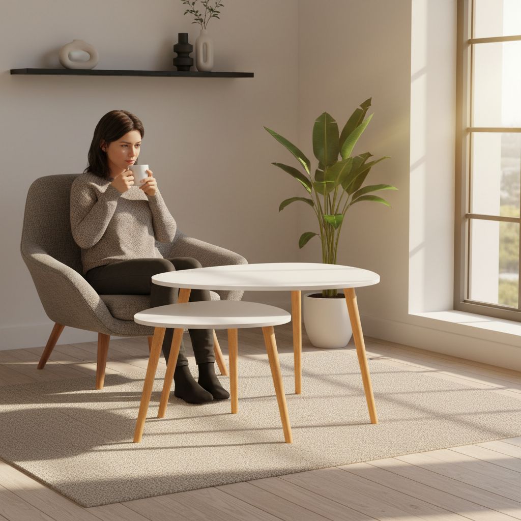 Couchtisch Set 2er Rund Weiß Holz Wohnzimmertisch Beistelltisch Satztisch Skandinavisch Modern MDF