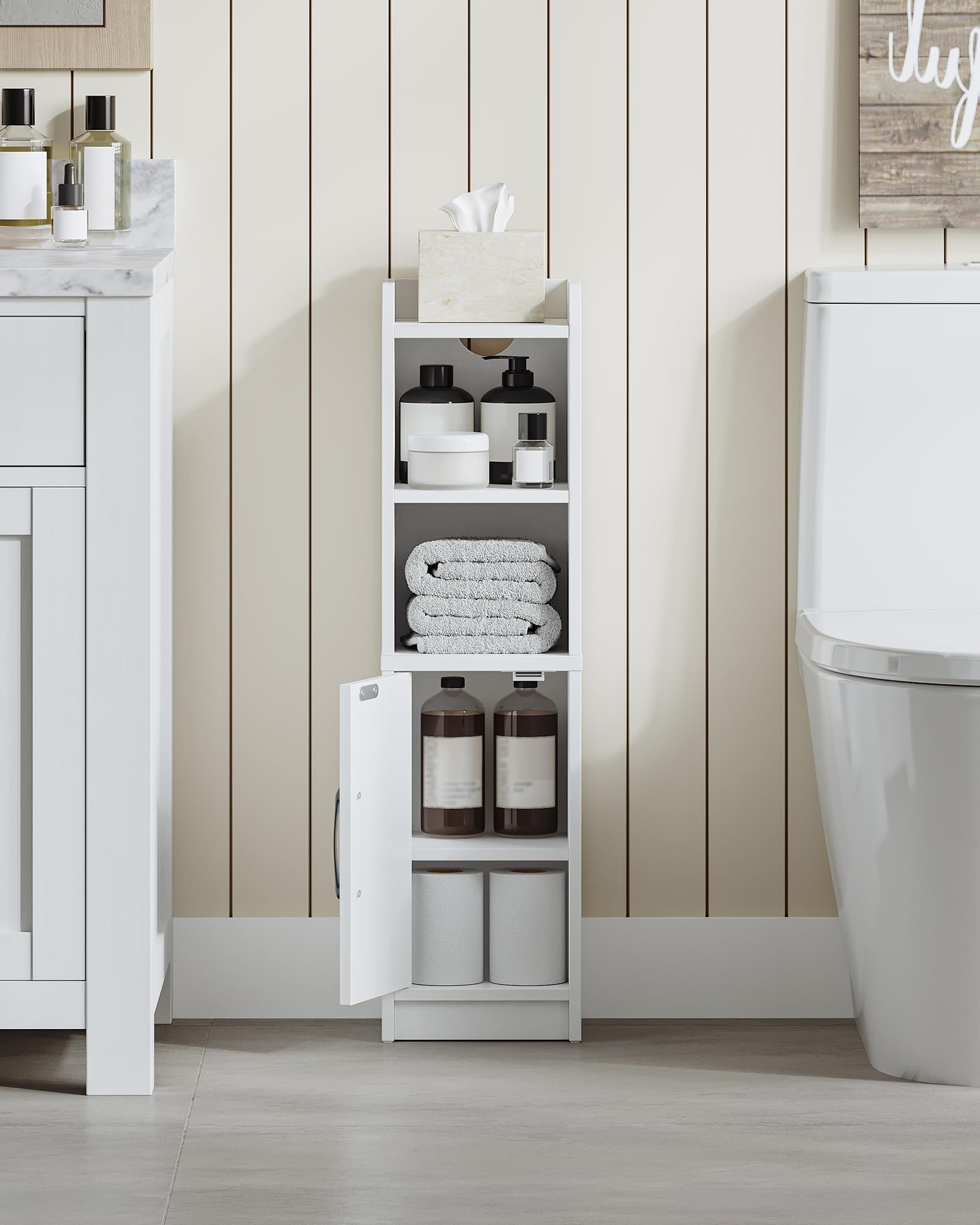Schmaler Badezimmerschrank Weiß – Freistehender Badschrank mit Tür und Regalen, platzsparendes Standregal für Bad, WC oder kleine Räume