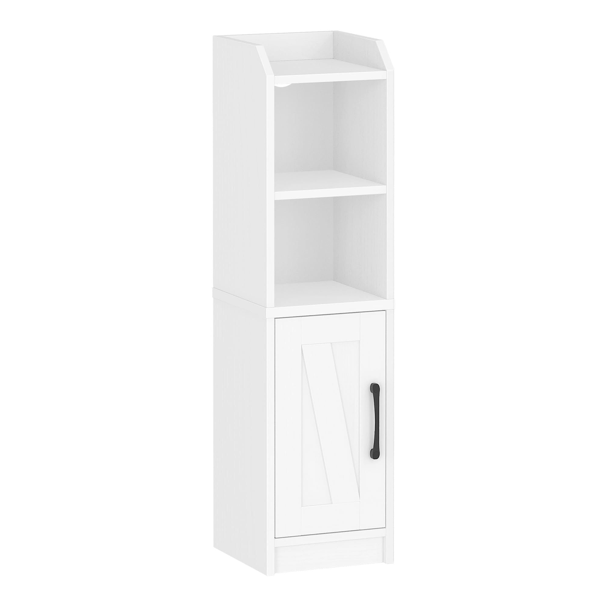 Schmaler Badezimmerschrank Weiß – Freistehender Badschrank mit Tür und Regalen, platzsparendes Standregal für Bad, WC oder kleine Räume