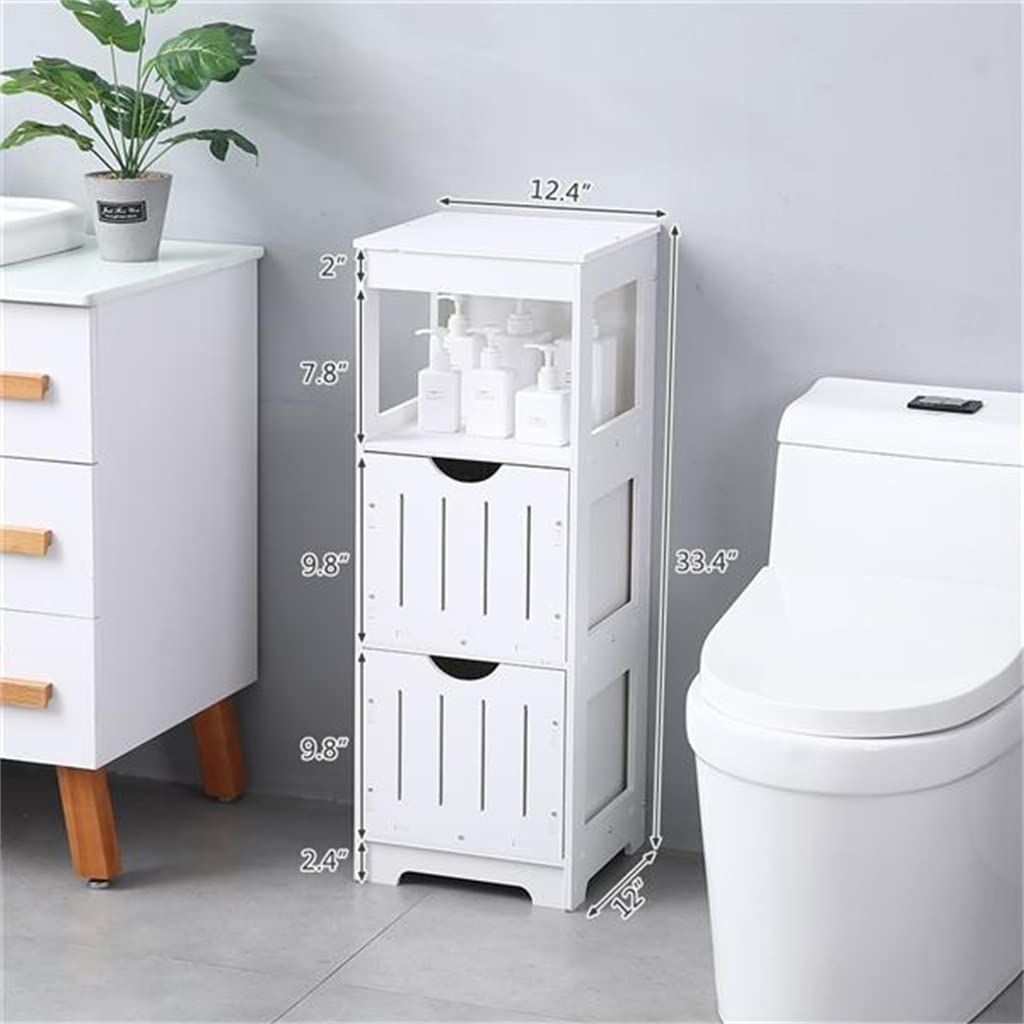 Badezimmerschrank Weiß Badschrank Freistehend mit 2 Schubladen und 3 Ebenen platzsparend Badregal
