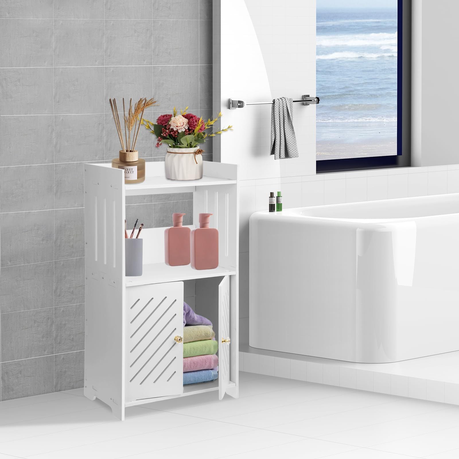 Badezimmerschrank Weiß 3 Ebenen Doppeltür Badregal Badmöbel Platzsparend NEU