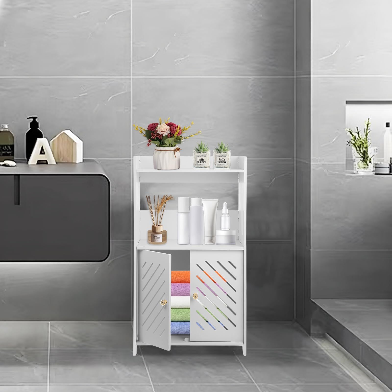 Badezimmerschrank Weiß 3 Ebenen Doppeltür Badregal Badmöbel Platzsparend NEU