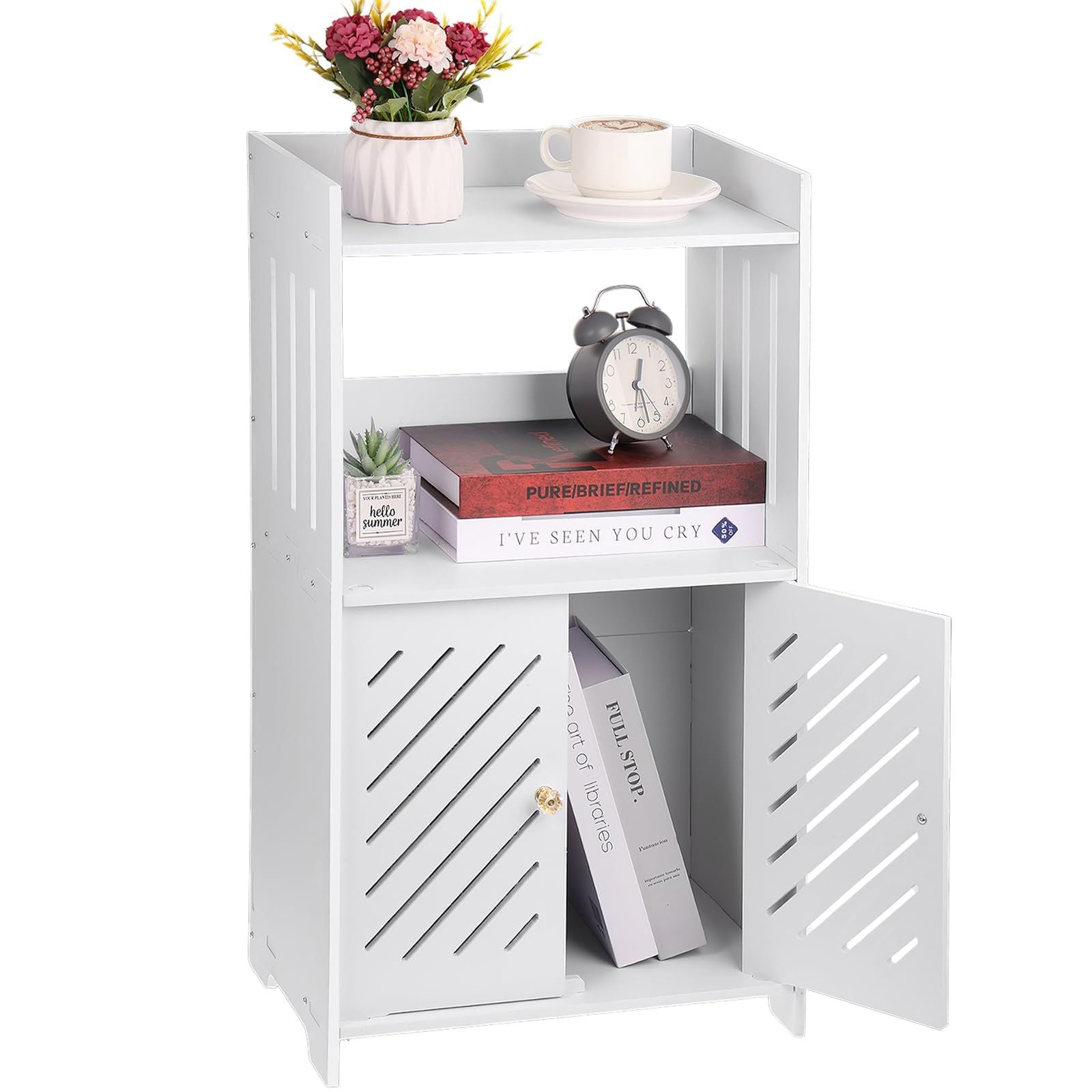 Badezimmerschrank Weiß mit Türen – Badschrank Kompakt & Platzsparend + GRATIS Hochdruck Duschkopf – Badezimmer Regal & WC Schrank