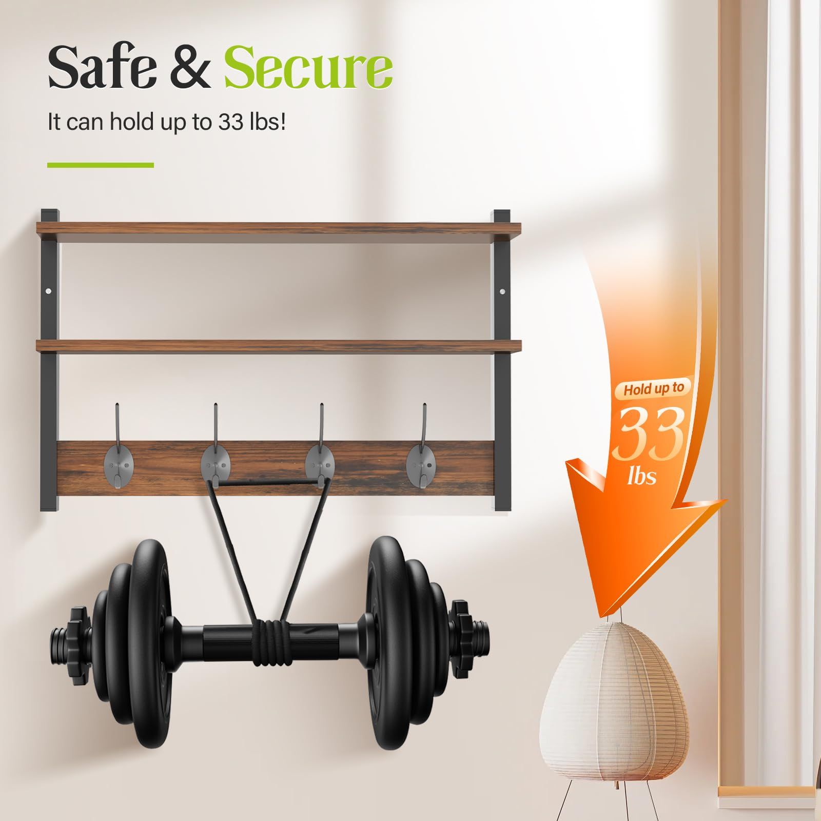 Wandregal mit Haken – Garderobenleiste mit Ablage, Wandregal Holz Metall, Schlüsselbrett für Flur, Küche & Schlafzimmer