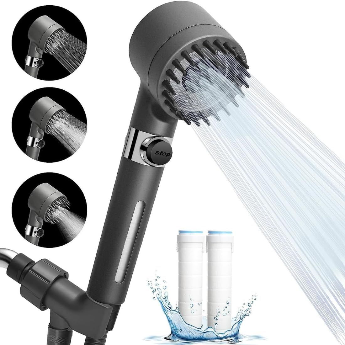 Duschkopf Hochdruck mit Filter – 3 Strahlarten, wassersparend, Handbrause mit Stopptaste, Kalkfilter Dusche