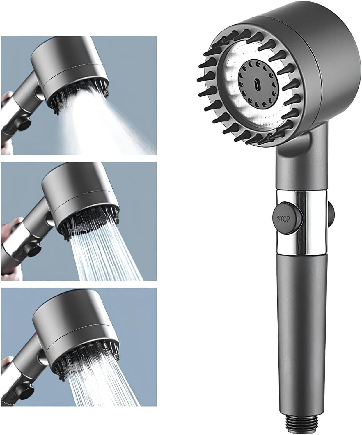 Duschkopf Hochdruck mit Filter – 3 Strahlarten, wassersparend, Handbrause mit Stopptaste, Kalkfilter Dusche