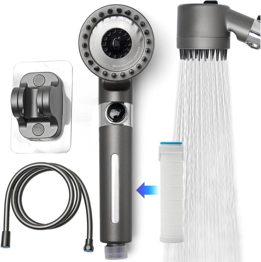 Duschkopf Hochdruck mit Filter – 3 Strahlarten, wassersparend, Handbrause mit Stopptaste, Kalkfilter Dusche