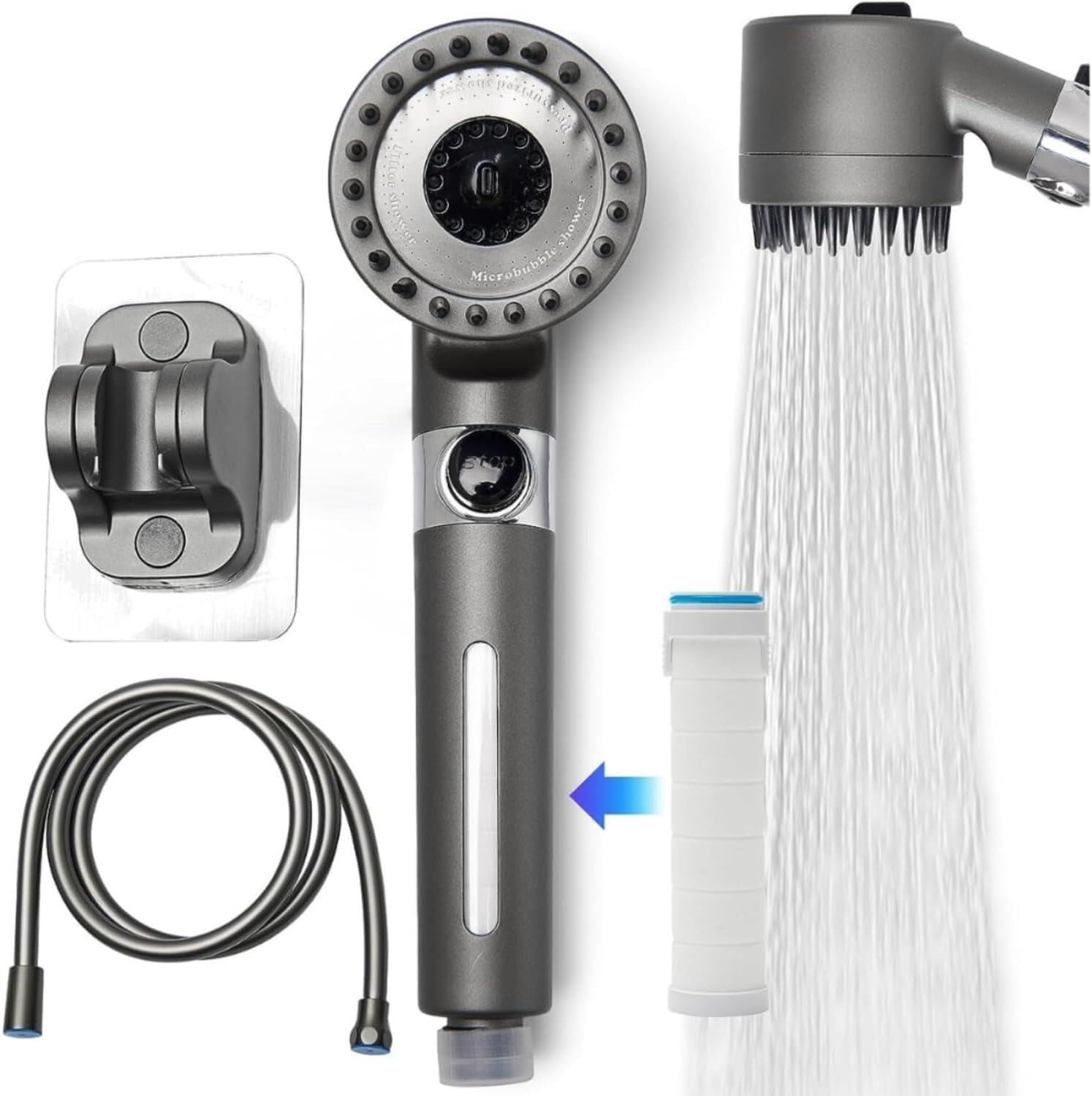 Duschkopf Hochdruck mit Filter – 3 Strahlarten, wassersparend, Handbrause mit Stopptaste, Kalkfilter Dusche