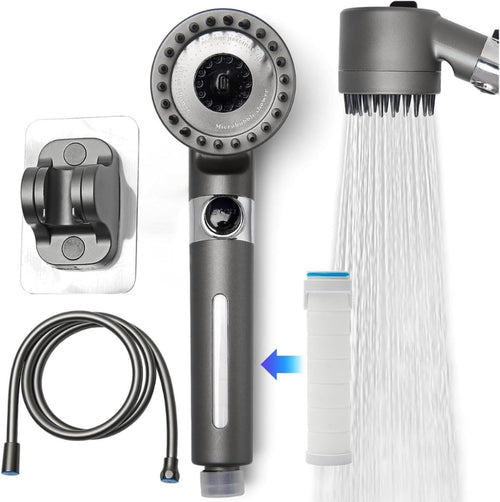 Duschkopf Hochdruck mit Filter – 3 Strahlarten, wassersparend, Handbrause mit Stopptaste, Kalkfilter Dusche