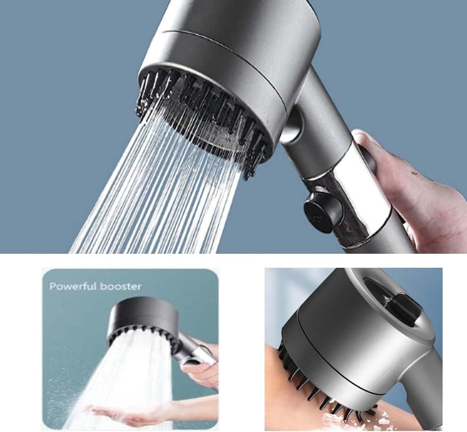 Duschkopf Hochdruck mit Filter – 3 Strahlarten, wassersparend, Handbrause mit Stopptaste, Kalkfilter Dusche